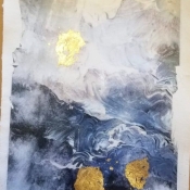 "Hiraeth, #5", 11" x 7", rag paper, acrylic transfer, colored graphite, watercolor pencils, gold leaf. 2024